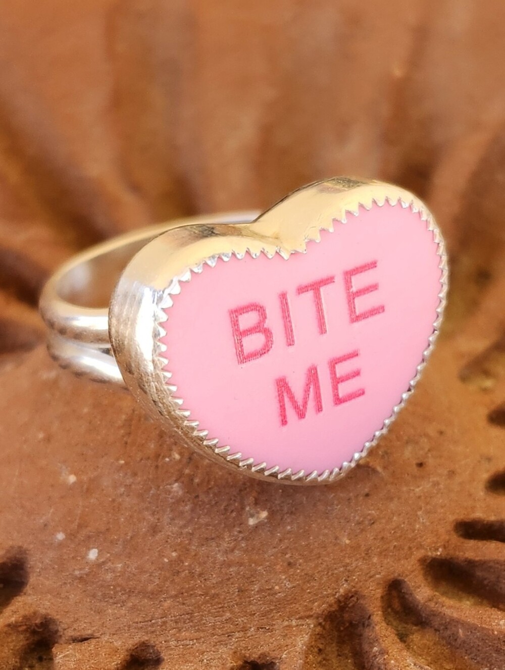 Sterling Silver Pink Conversation Anti Valentine's Day Heart Ring Bite Me 💗🫦